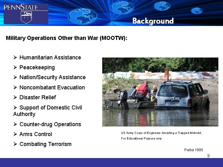 Background Military Operations Other than War (MOOTW): Ø Humanitarian Assistance Ø Peacekeeping Ø Nation/Security