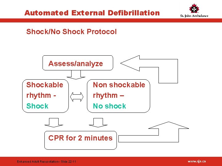 Automated External Defibrillation Shock/No Shock Protocol Assess/analyze Shockable rhythm Shock Non shockable rhythm –