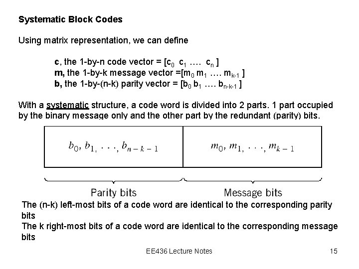 Systematic Block Codes Using matrix representation, we can define c, the 1 -by-n code