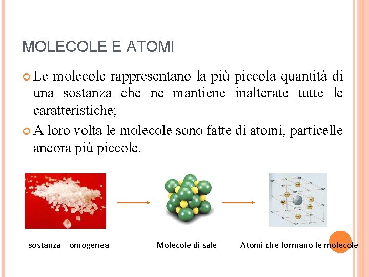 MOLECOLE E ATOMI Le molecole rappresentano la più piccola quantità di una sostanza che