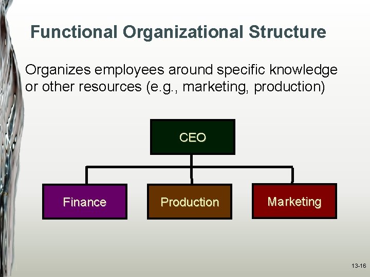 Functional Organizational Structure Organizes employees around specific knowledge or other resources (e. g. ,