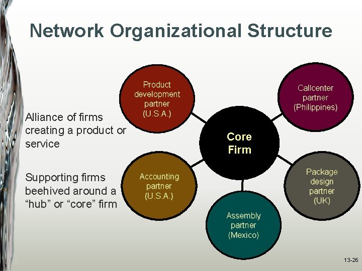 Network Organizational Structure Alliance of firms creating a product or service Supporting firms beehived