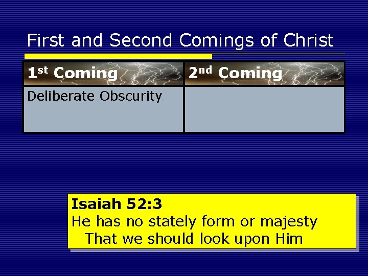 First and Second Comings of Christ 1 st Coming 2 nd Coming Deliberate Obscurity