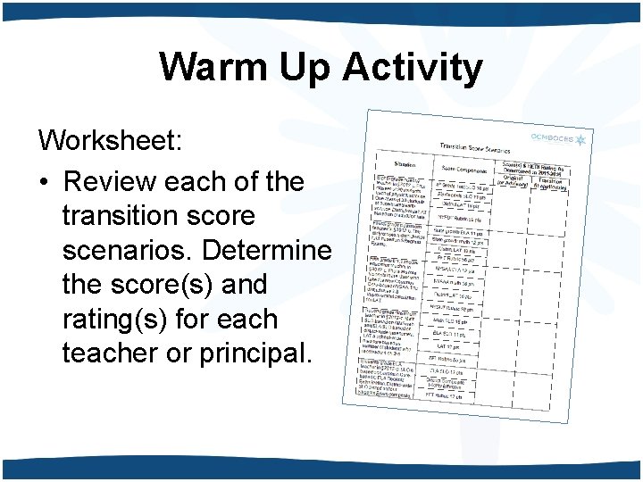 Warm Up Activity Worksheet: • Review each of the transition score scenarios. Determine the