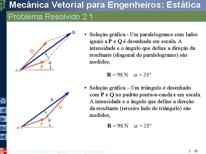 Nona Edição Mecânica Vetorial para Engenheiros: Estática Problema Resolvido 2. 1 • Solução gráfica Nona Edição Mecânica Vetorial para Engenheiros: Estática Problema Resolvido 2. 1 • Solução gráfica