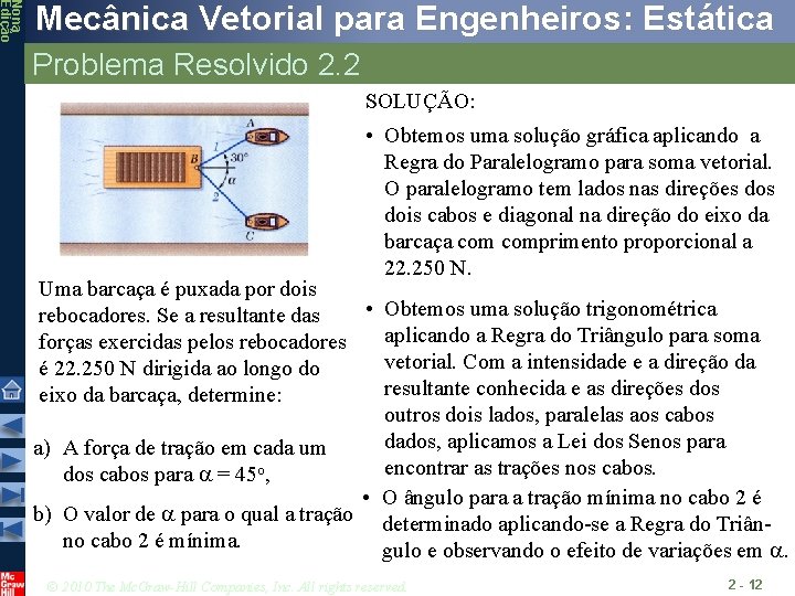 Nona Edição Mecânica Vetorial para Engenheiros: Estática Problema Resolvido 2. 2 SOLUÇÃO: • Obtemos Nona Edição Mecânica Vetorial para Engenheiros: Estática Problema Resolvido 2. 2 SOLUÇÃO: • Obtemos