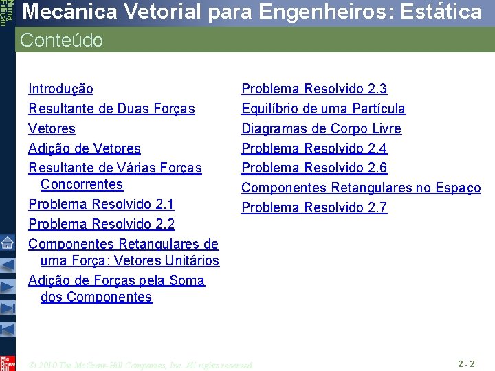 Nona Edição Mecânica Vetorial para Engenheiros: Estática Conteúdo Introdução Resultante de Duas Forças Vetores Nona Edição Mecânica Vetorial para Engenheiros: Estática Conteúdo Introdução Resultante de Duas Forças Vetores