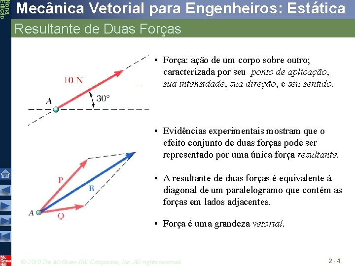 Nona Edição Mecânica Vetorial para Engenheiros: Estática Resultante de Duas Forças • Força: ação Nona Edição Mecânica Vetorial para Engenheiros: Estática Resultante de Duas Forças • Força: ação