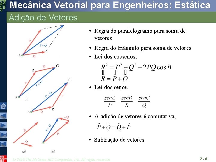 Nona Edição Mecânica Vetorial para Engenheiros: Estática Adição de Vetores • Regra do paralelogramo Nona Edição Mecânica Vetorial para Engenheiros: Estática Adição de Vetores • Regra do paralelogramo