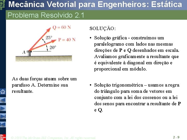 Nona Edição Mecânica Vetorial para Engenheiros: Estática Problema Resolvido 2. 1 SOLUÇÃO: • Solução Nona Edição Mecânica Vetorial para Engenheiros: Estática Problema Resolvido 2. 1 SOLUÇÃO: • Solução