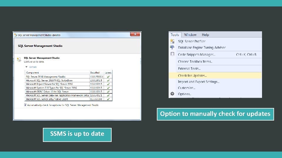 Option to manually check for updates SSMS is up to date 