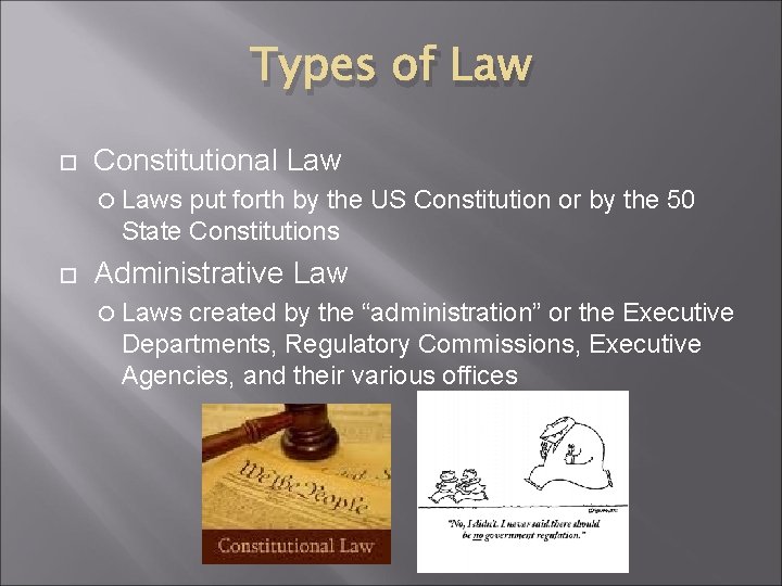 Types of Law Constitutional Laws put forth by the US Constitution or by the