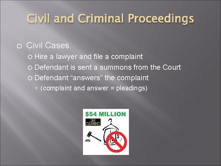 Civil and Criminal Proceedings Civil Cases Hire a lawyer and file a complaint Defendant