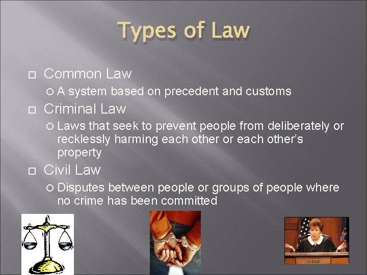 Types of Law Common Law A system based on precedent and customs Criminal Laws