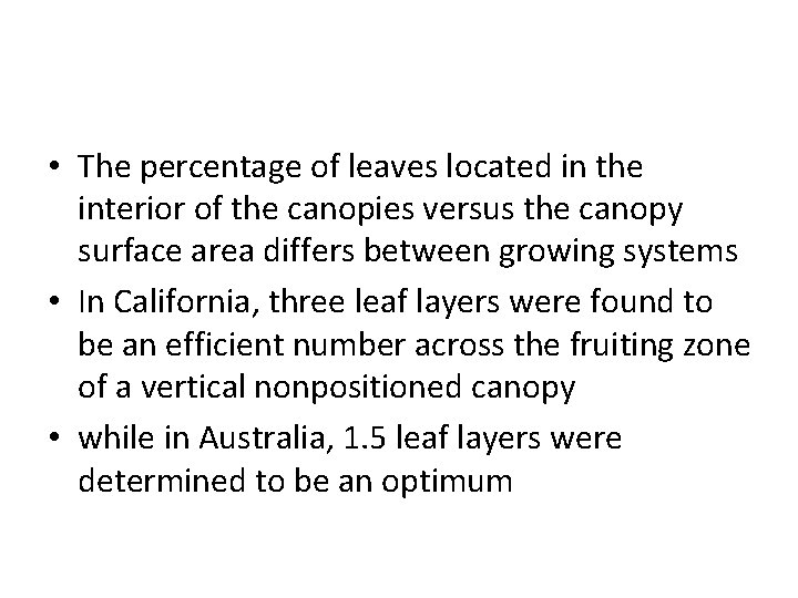  • The percentage of leaves located in the interior of the canopies versus