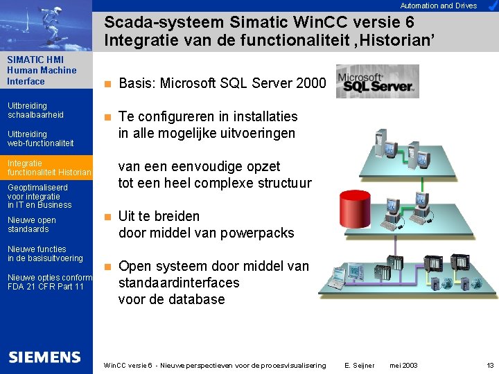 Automation and Drives Scada-systeem Simatic Win. CC versie 6 Integratie van de functionaliteit ‚Historian’