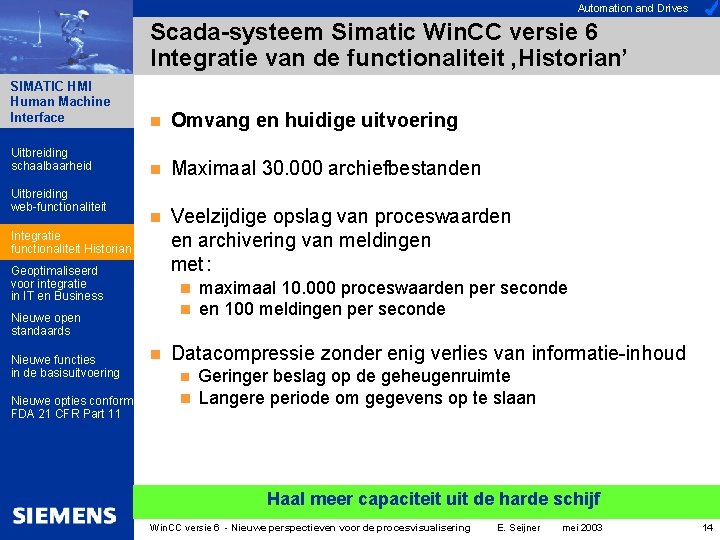 Automation and Drives Scada-systeem Simatic Win. CC versie 6 Integratie van de functionaliteit ‚Historian’