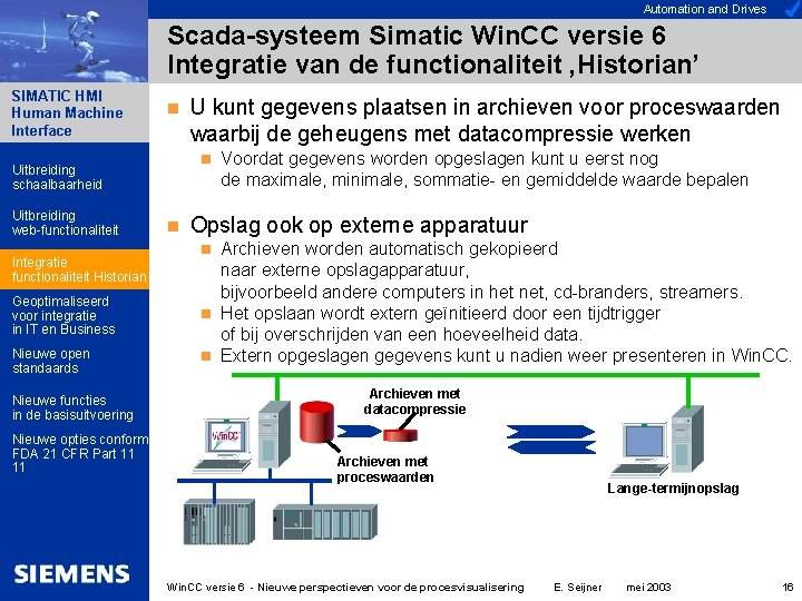 Automation and Drives Scada-systeem Simatic Win. CC versie 6 Integratie van de functionaliteit ‚Historian’