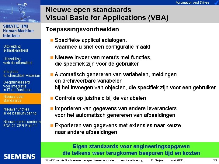 Automation and Drives Nieuwe open standaards Visual Basic for Applications (VBA) SIMATIC HMI Human