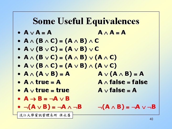 Some Useful Equivalences • • • A A (B C) (A B) A (A