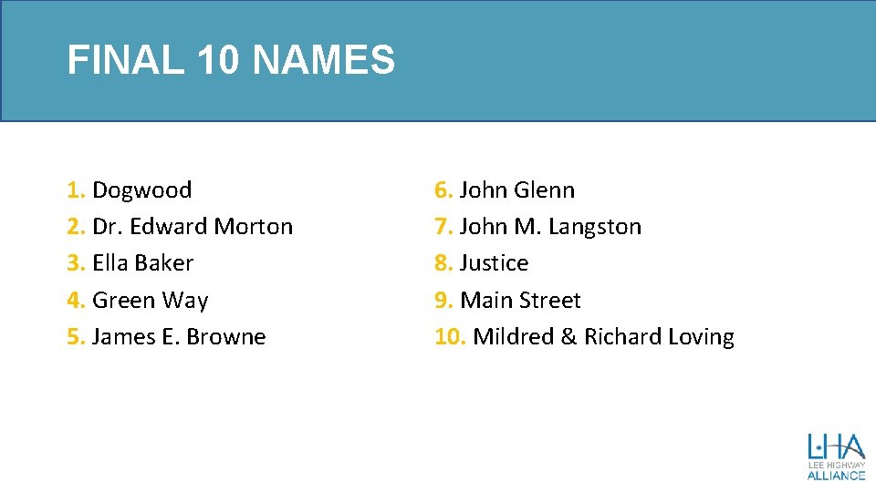 FINAL 10 NAMES 1. Dogwood 2. Dr. Edward Morton 3. Ella Baker 4. Green