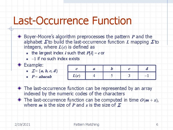 Last-Occurrence Function Boyer-Moore’s algorithm preprocesses the pattern P and the alphabet S to build