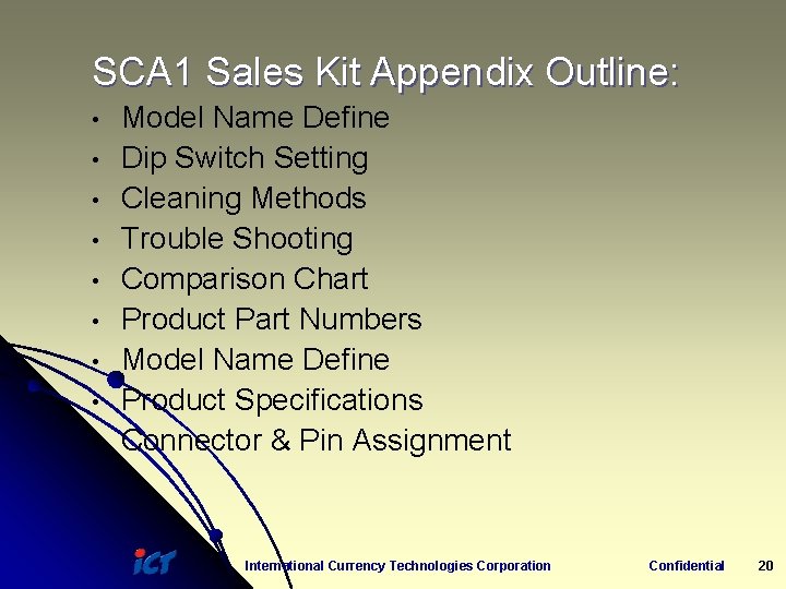 SCA 1 Sales Kit Appendix Outline: • • • Model Name Define Dip Switch