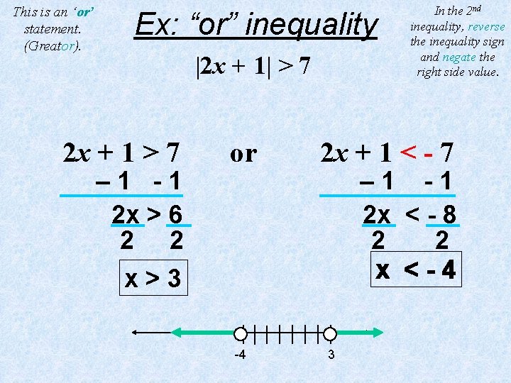 This is an ‘or’ statement. (Greator). Ex: “or” inequality |2 x + 1| >