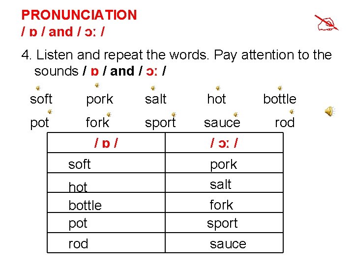  PRONUNCIATION / ɒ / and / ɔː / 4. Listen and repeat the