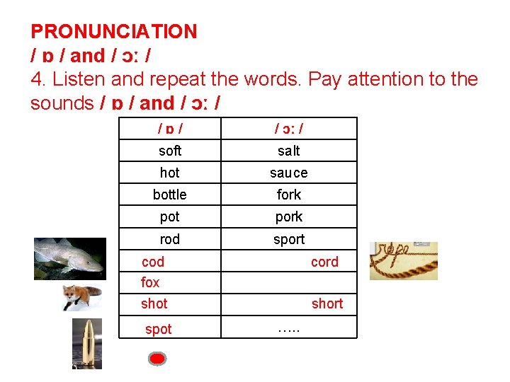 PRONUNCIATION / ɒ / and / ɔː / 4. Listen and repeat the words.