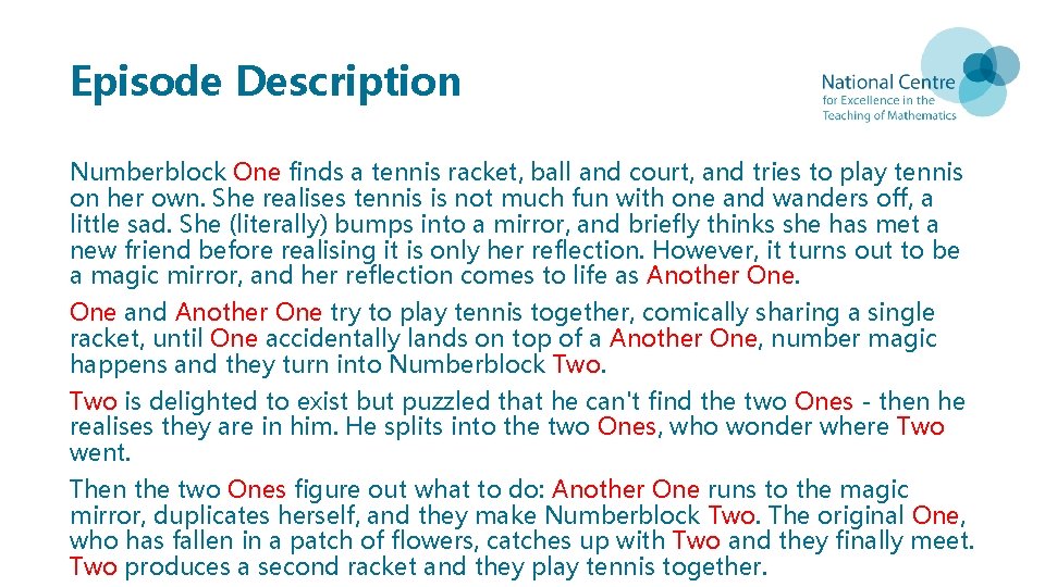 Episode Description Numberblock One finds a tennis racket, ball and court, and tries to Episode Description Numberblock One finds a tennis racket, ball and court, and tries to
