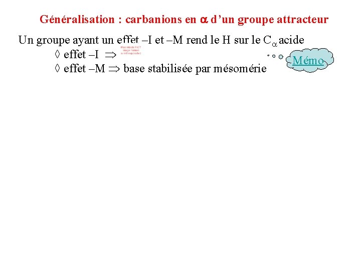 Généralisation : carbanions en d’un groupe attracteur Un groupe ayant un effet –I et Généralisation : carbanions en d’un groupe attracteur Un groupe ayant un effet –I et