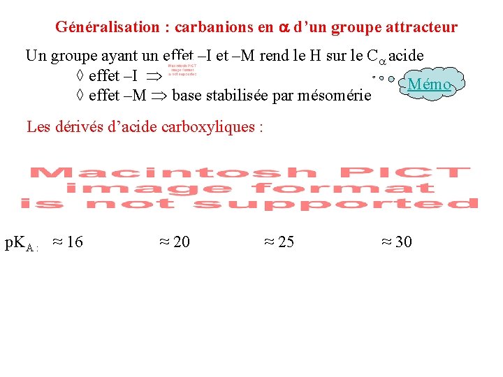 Généralisation : carbanions en d’un groupe attracteur Un groupe ayant un effet –I et Généralisation : carbanions en d’un groupe attracteur Un groupe ayant un effet –I et