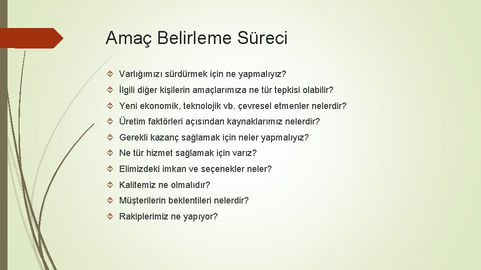 Amaç Belirleme Süreci Varlığımızı sürdürmek için ne yapmalıyız? İlgili diğer kişilerin amaçlarımıza ne tür