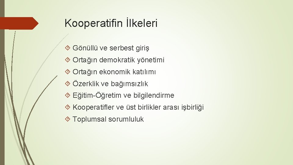 Kooperatifin İlkeleri Gönüllü ve serbest giriş Ortağın demokratik yönetimi Ortağın ekonomik katılımı Özerklik ve