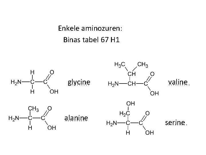Enkele aminozuren: Binas tabel 67 H 1 glycine. . alanine. . valine. . serine. Enkele aminozuren: Binas tabel 67 H 1 glycine. . alanine. . valine. . serine.