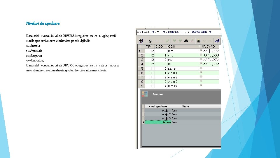 Niveluri de aprobare Daca setati manual in tabela DIVERSE inregistrari cu tip 12, logice,
