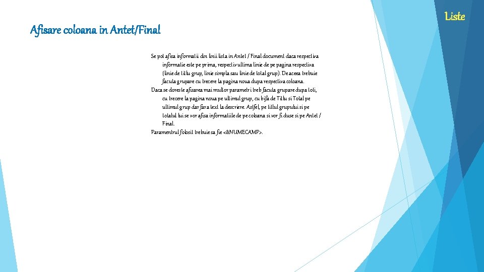 Afisare coloana in Antet/Final Se pot afisa informatii din linii lista in Antet /