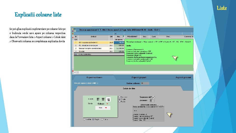 Explicatii coloane liste Se pot afisa explicatii suplimentare pe coloane liste pe o bulinuta