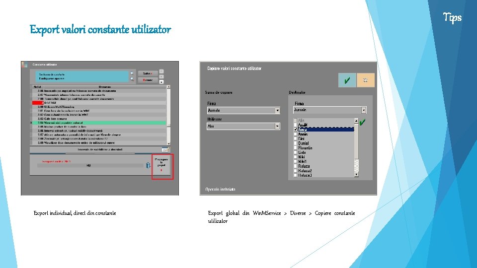 Tips Export valori constante utilizator Export individual, direct din constante Export global din Win.