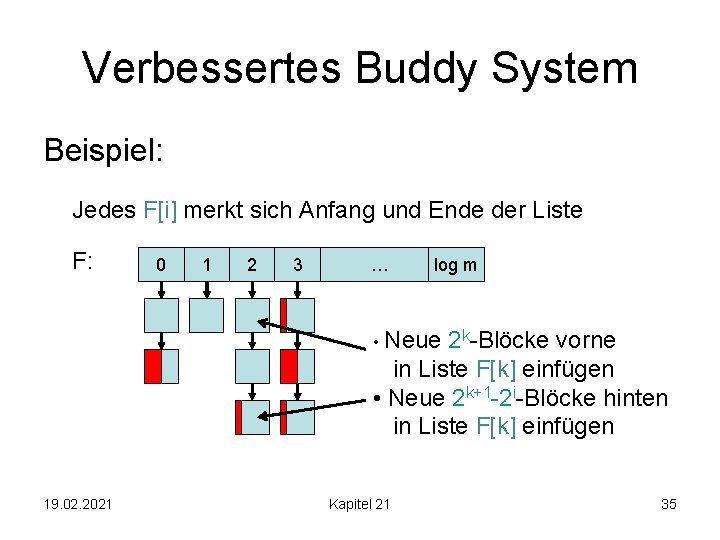 Verbessertes Buddy System Beispiel: Jedes F[i] merkt sich Anfang und Ende der Liste F: