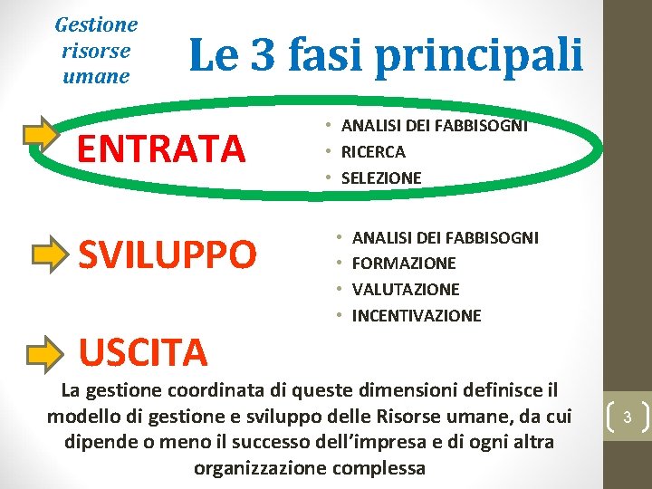 Gestione risorse umane Le 3 fasi principali ENTRATA SVILUPPO USCITA • ANALISI DEI FABBISOGNI