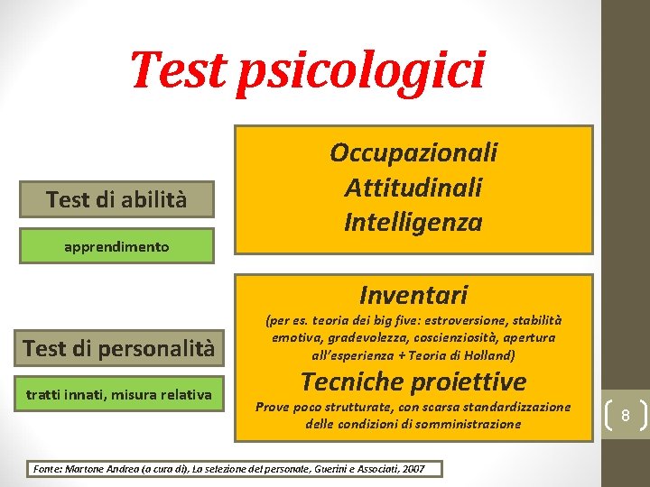 Test psicologici Test di abilità apprendimento Occupazionali Attitudinali Intelligenza Inventari Test di personalità tratti