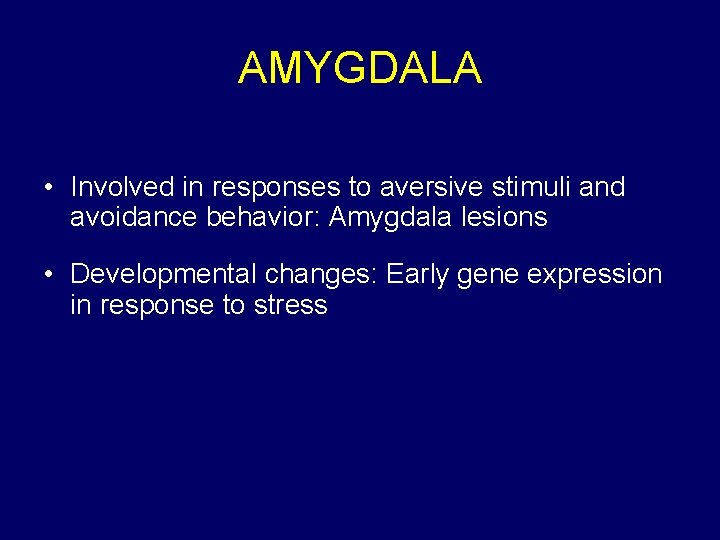 AMYGDALA • Involved in responses to aversive stimuli and avoidance behavior: Amygdala lesions •