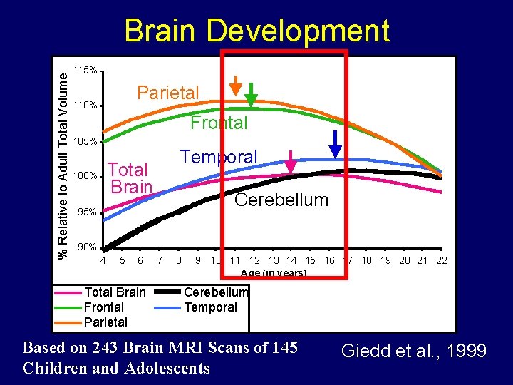 % Relative to Adult Total Volume Brain Development 115% Parietal 110% Frontal 105% Temporal