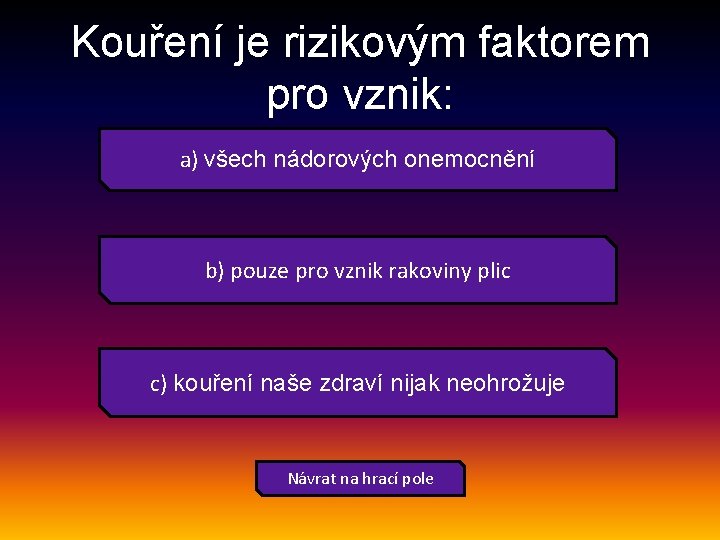 Kouření je rizikovým faktorem pro vznik: a) všech nádorových onemocnění b) pouze pro vznik