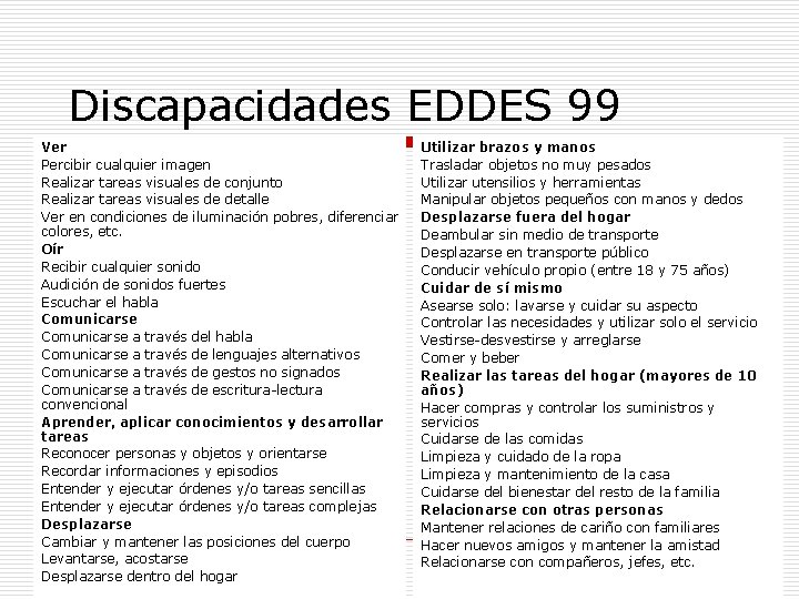 Discapacidades EDDES 99 Ver Percibir cualquier imagen Realizar tareas visuales de conjunto Realizar tareas