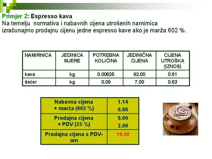 Primjer 2: Espresso kava Na temelju normativa i nabavnih cijena utrošenih namirnica izračunajmo prodajnu