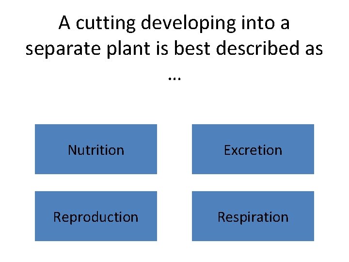 A cutting developing into a separate plant is best described as … Nutrition Excretion