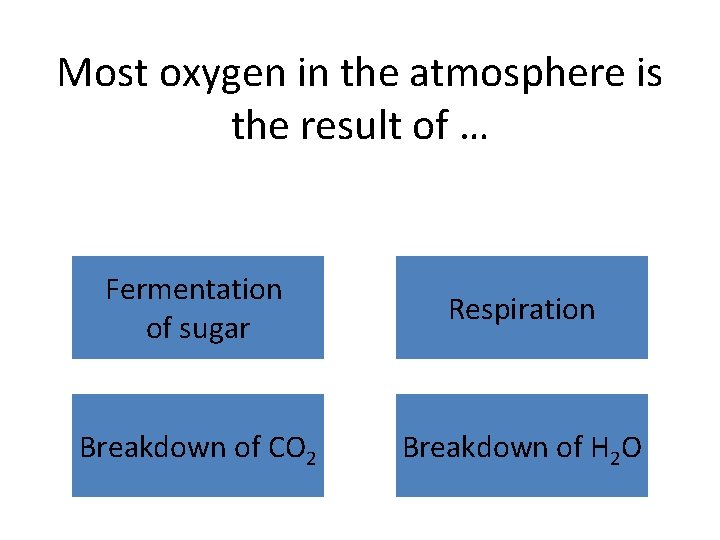 Most oxygen in the atmosphere is the result of … Fermentation of sugar Respiration